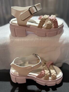 Little Girls White with Pink Fisherman Platform Chunky Open Toe Sandals-New
